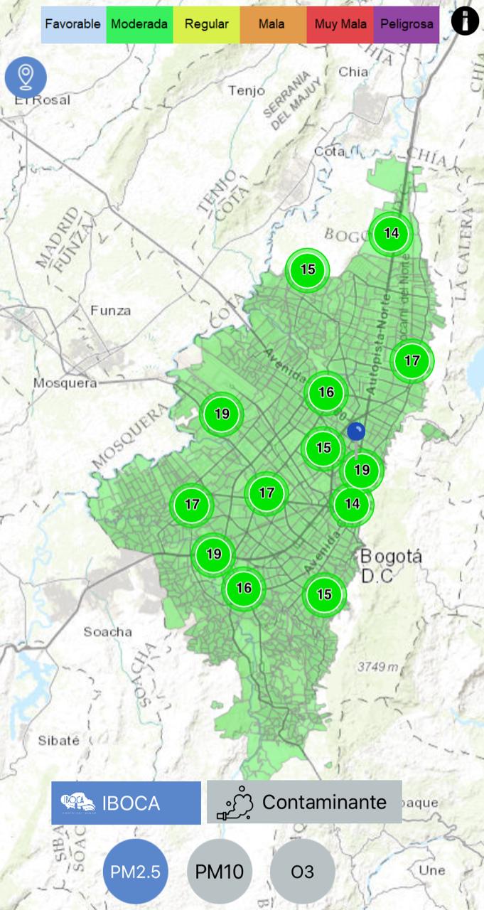 Mapa de Bogotá reporte de calidad del aire.