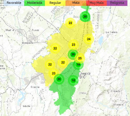 Mapa de Bogotá, estaciones reporte calidad del aire.