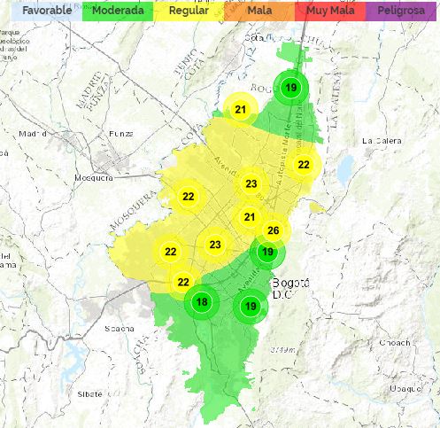 Mapa de Bogotá, estaciones calidad del aire.