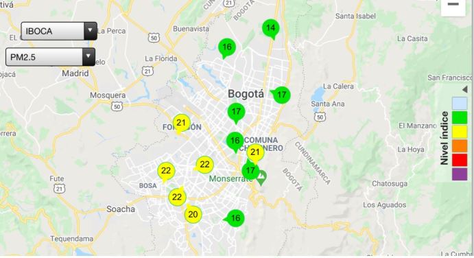 Mapa de Bogotá, estaciones reporte calidad del aire