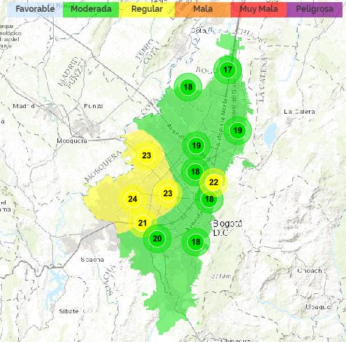 Mapa de Bogotá, reporte calidad del aire.