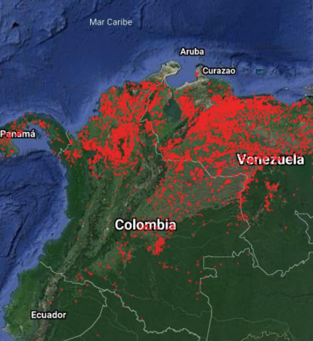 Puntos calientes en el mapa de Colombia.