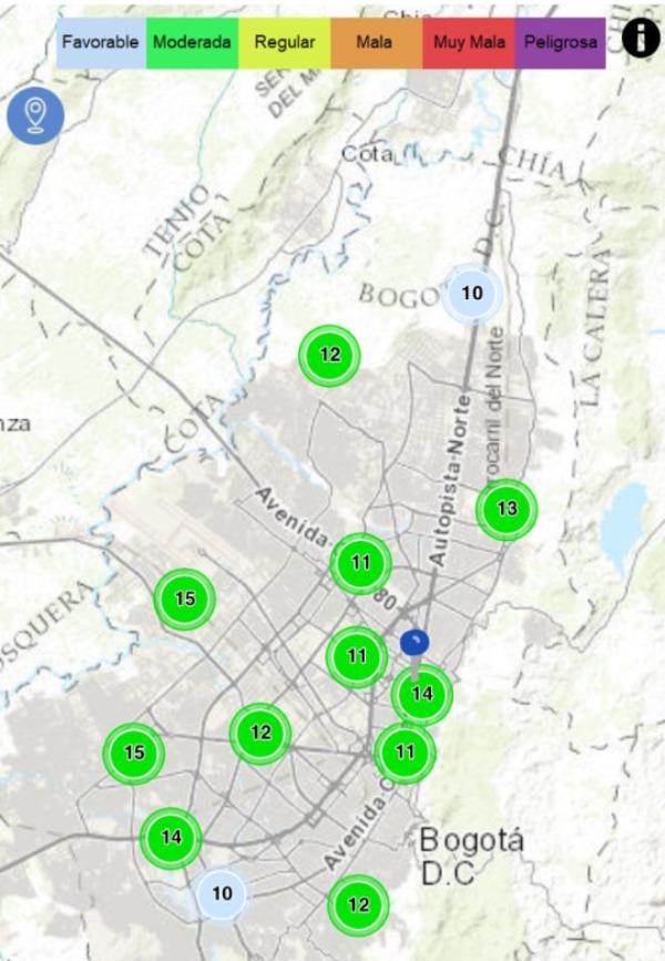 Mapa de Bogotá, reporte calidad del aire