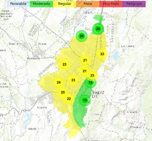 Mapa de Bogotá, reporte calidad del aire