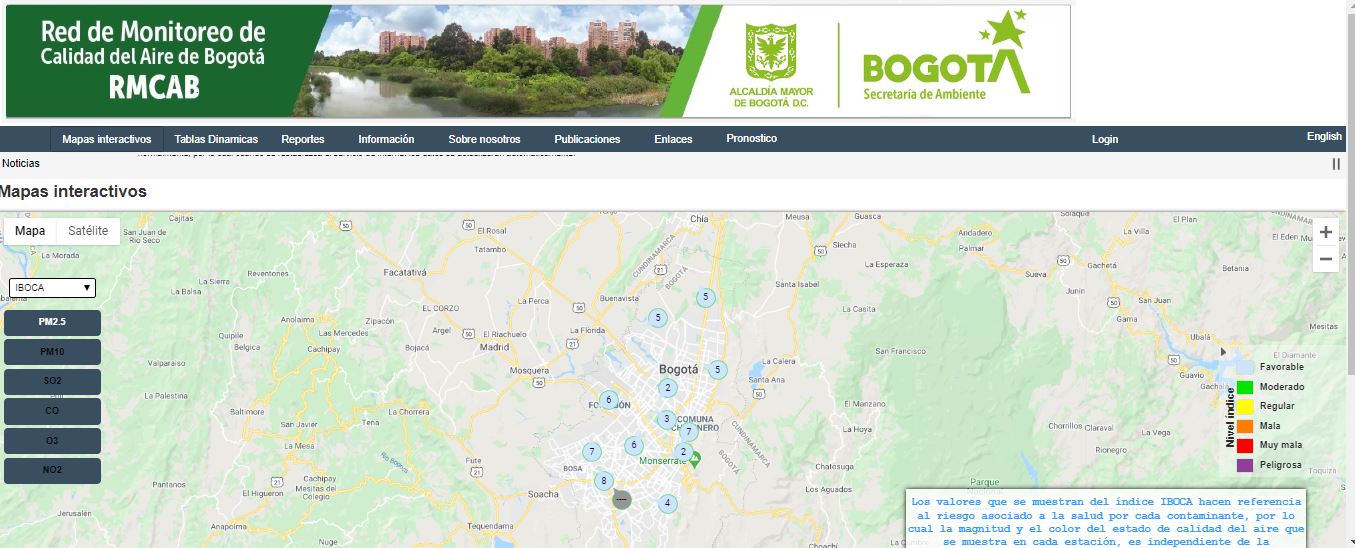 Mapa de Bogotá, reporte calidad del aire.