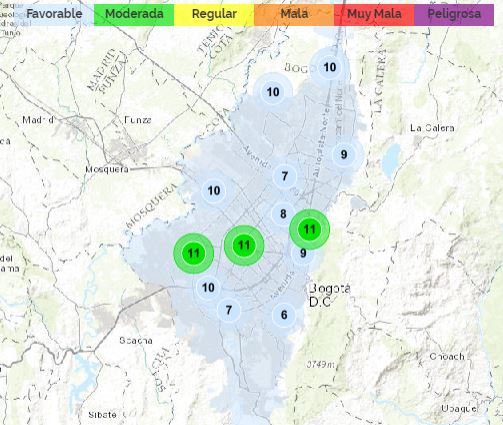 Mapa de Bogotá reporte de estaciones de calidad del aire.
