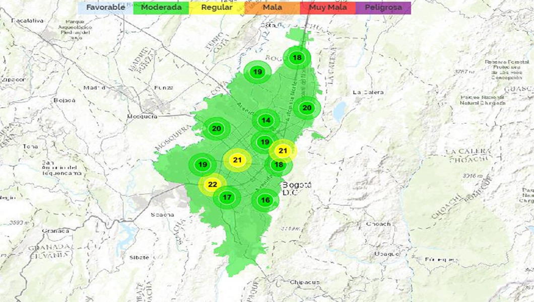 Mapa de Bogotá, reporte de estaciones calidad del aire.