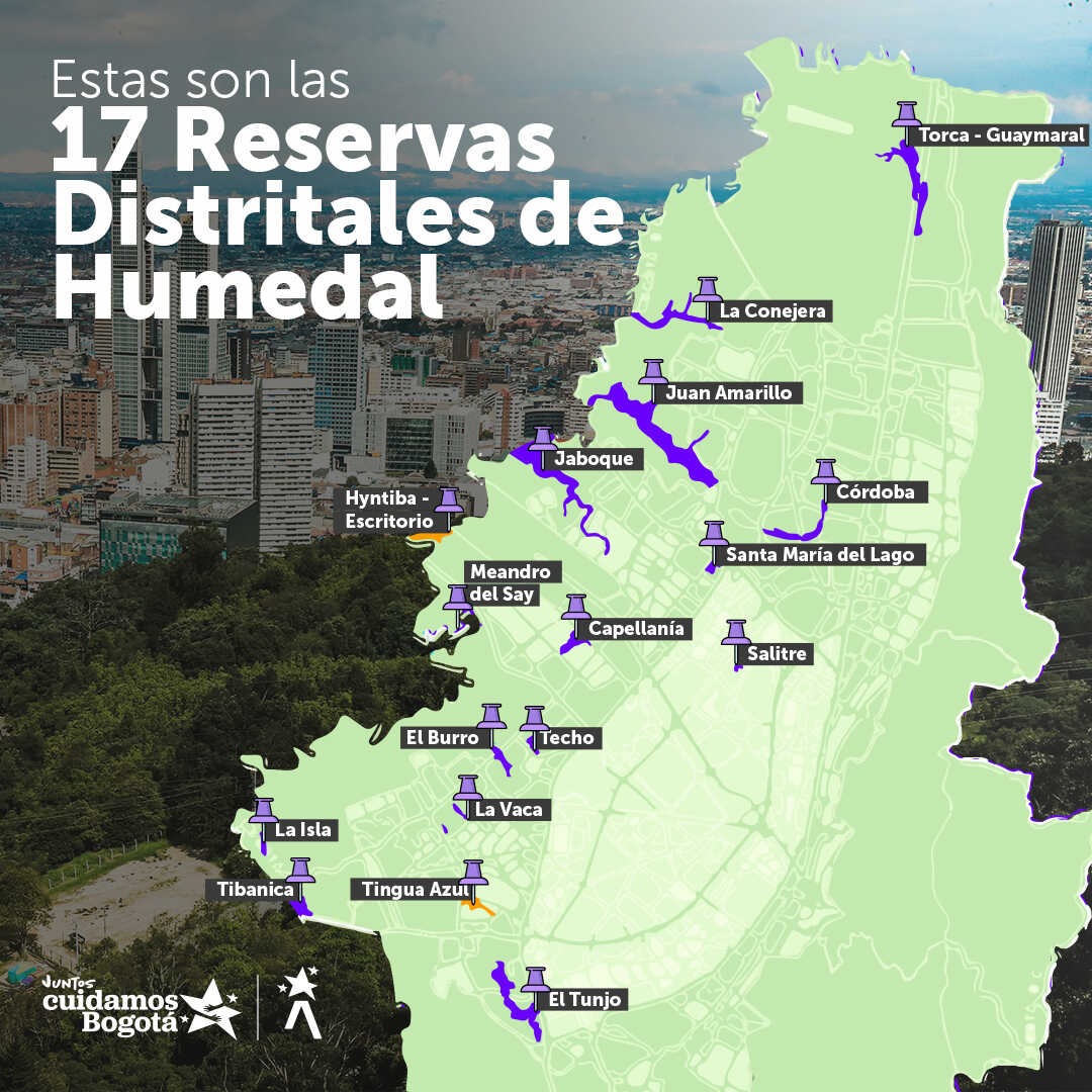 Pieza gráfica con el mapa de ubicación de las 17 reservas distritales de humedales