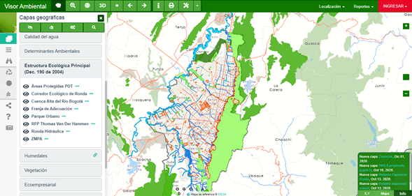 Visualización de los componentes de la Estructura Ecológica de Bogotá desde el Visor Geográfico.