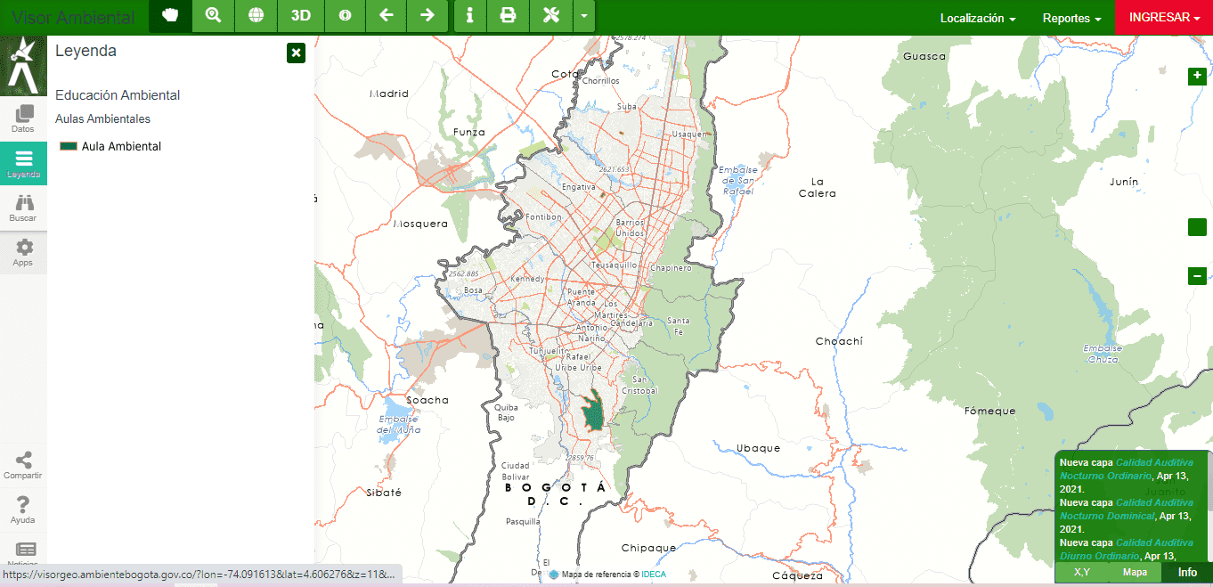 Interfaz, ubicación de las aulas ambientales en el visor geográfico ambiental