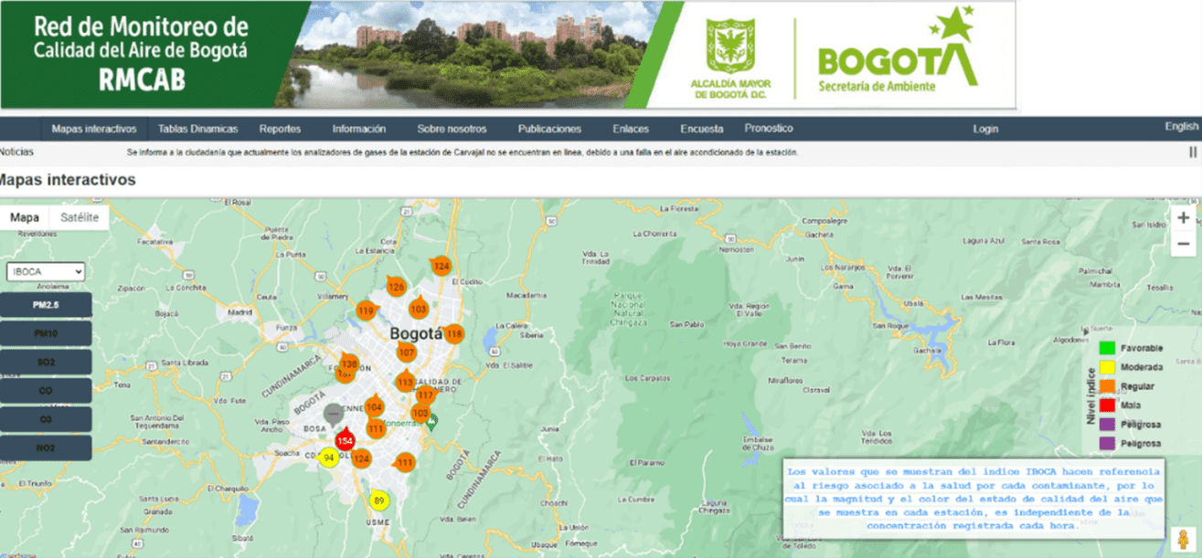 Mapa de la Red de Monitoreo de Calidad del aire de Bogotá