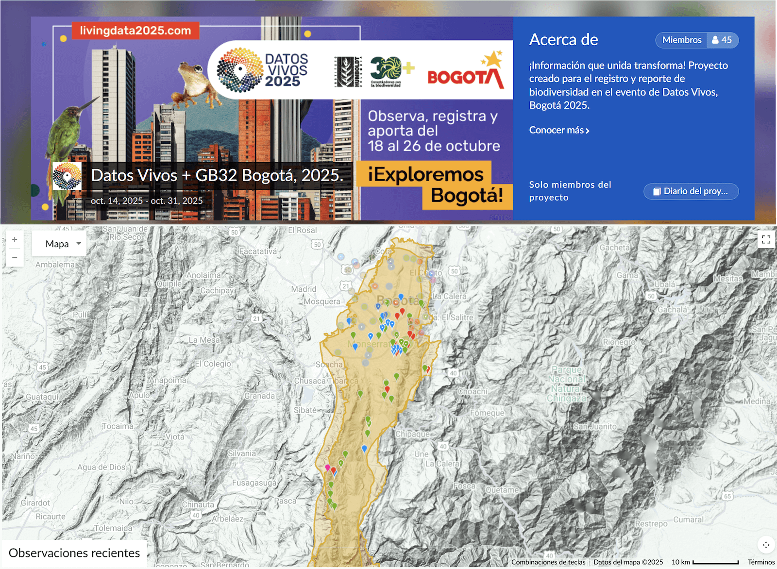 Foto: ¡Exploremos Bogotá! Página del proyecto en iNaturalist con el llamado a observar, registrar y aportar (18-26 de octubre) y el mapa de observaciones dentro del polígono de Bogotá. Periodo del proyecto: 14-31 oct. 2025.